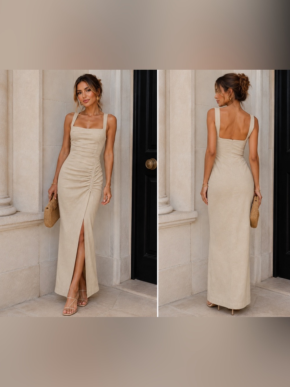 Rumer Women's Natural Linen Estelle Square Neck Maxi Dress Size M NWT Tan